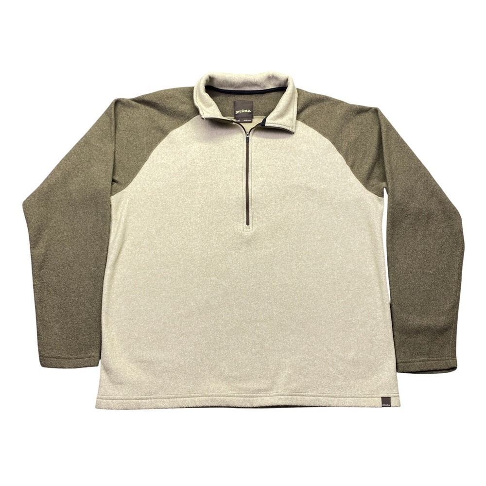VTG Prana Mens Large Quarter Zip Fleece Pullover Tan Olive Green Two Tone USA